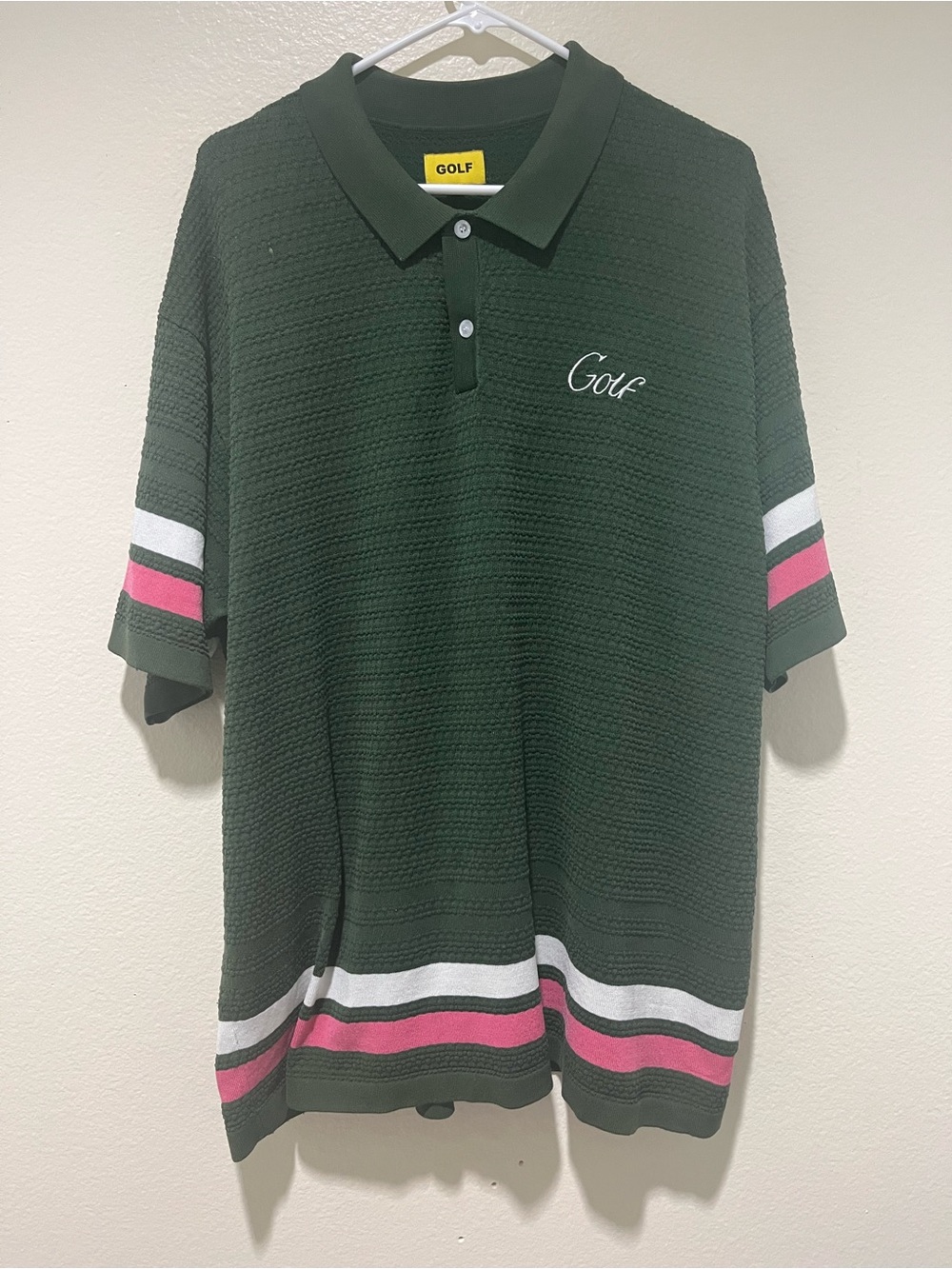 Golf Wang Dark Green Polo with Pink & White Accent Stripes
